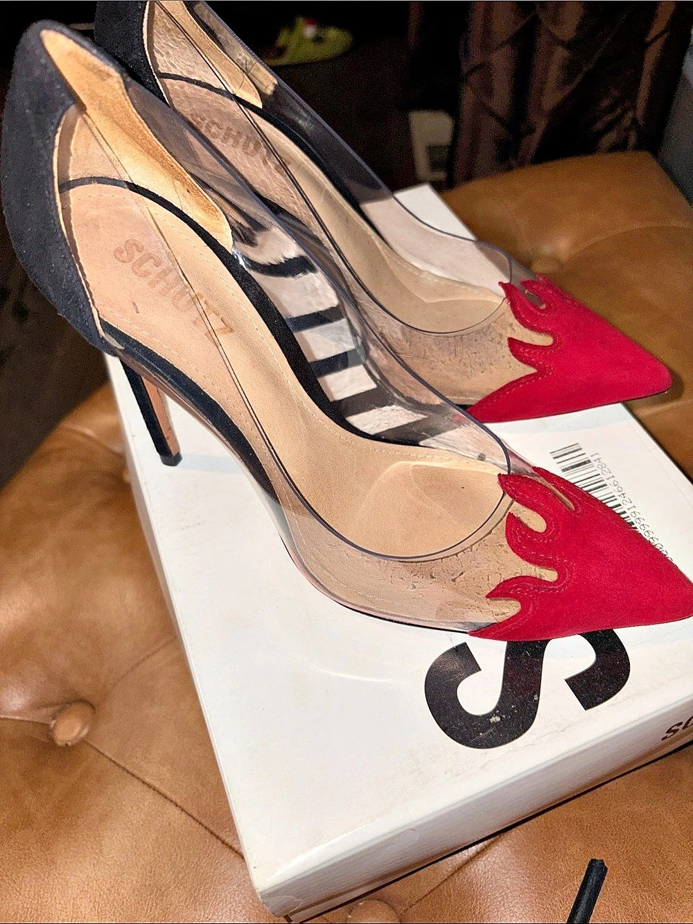 Schutz Den Flame Transparent Vinyl Pumps Heels in Black & Red
